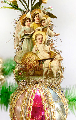 Jesus and Angel Trio Riding Cart Pulled By Lamb on Glass Sphere with Flowers