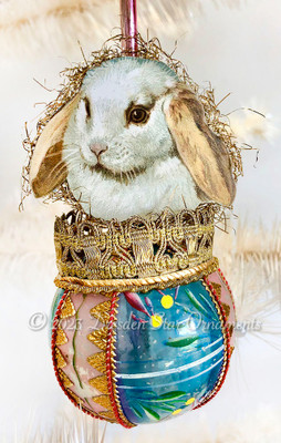 Adorable Lop-Eared Rabbit on Blue-and-Pink Hand-Painted Glass Sphere Ornament