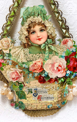 Victorian Girl with Exquisite Dress and Bonnet in Basket Overflowing with Rose Blossoms