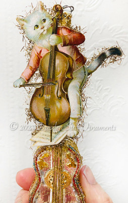 Reserved for Diana – Cellist Character Cat Performing on a Fancy Glass Guitar Ornament