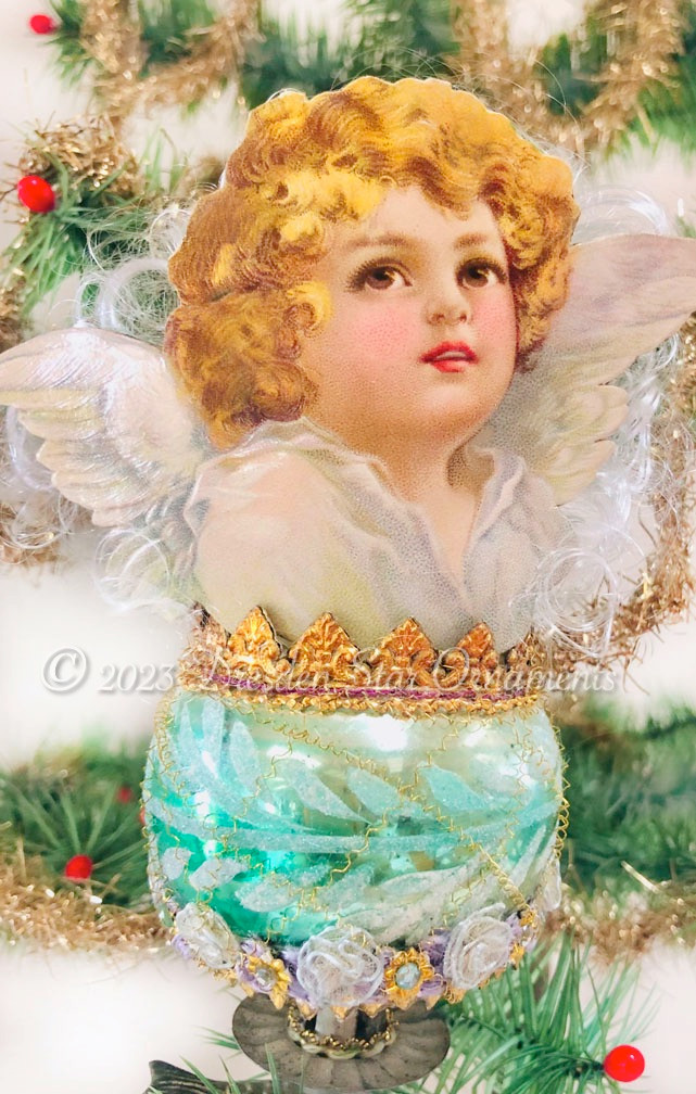 VINTAGE BLOWN GLASS & GLITTER & GOLD ANGEL & ANGEL HAIR CLOUD