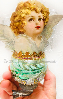 Reserved for Susan – Christmas Angel on Frosty Light Aqua Glass Clip On Ornament