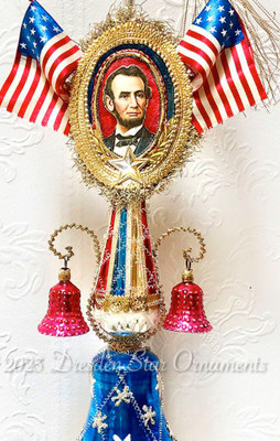 Reserved for Lisa – Spectacular 2-Sided Rare Patriotic Glass Spire Topper With Lincoln and Eagle