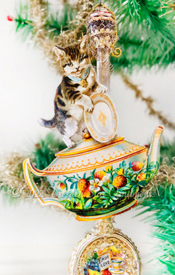 Kitty holding a Plate and Charming Teapot Balanced on Rare Glass Sugar Spoon 