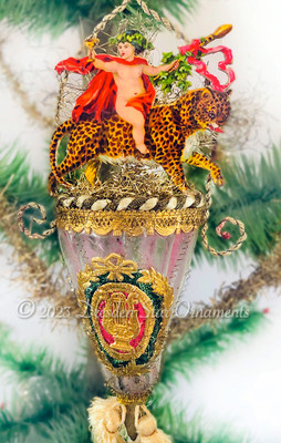 SAVE $50~ Mythical Figure Riding Leopard in Glass Cone-Shaped Ornament