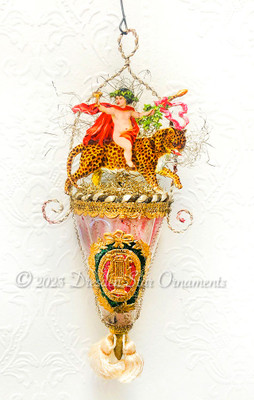 Mythical Figure Riding Leopard in Glass Cone-Shaped Ornament