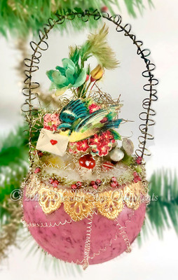 Bird on Dainty Victorian Glass Basket with Berry Garland and Florals