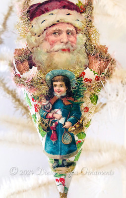 Jolly Santa and Girl in Blue Coat with Toys on Traditional Cornucopia with Fancy Tinsel Handle