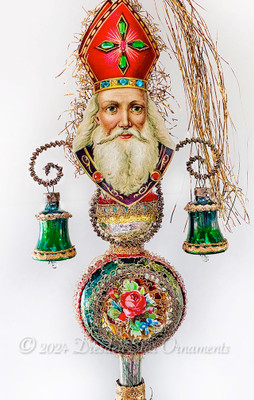 Deluxe St. Nicholas Green and Silver Santa Topper with Glass Bells, Jewels and Red Rose