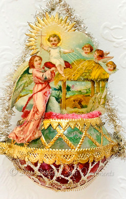 Manger Scene with Baby Jesus and Angels in Gorgeous Oval Glass Basket