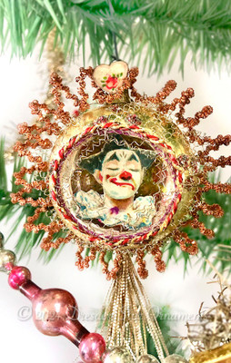 Fanciful Clown in Light Gold Indent Ornament with Copper Loop Wire Decoration and Tinsel Tail