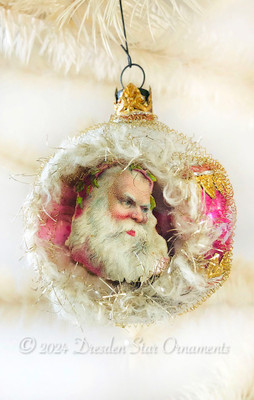 Beautiful Frosty Santa in Pink and White Flocked Indent ornament Framed with Fluffy Chenille Tinsel