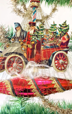 Santas Delivering Presents in Model T Style Car on Glass Red Ship Ornament