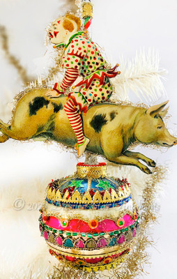 Rare 1880s Circus Clown Riding Pig on Spectacular Sphere Ornament