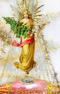 Glorious Pastel Christmas Angel on Gilded Pink Glass Boat Ornament