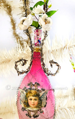 Rare 19th Century Glass Champaign Bottle with Gilded Cherub, 19th Cherry Blossoms