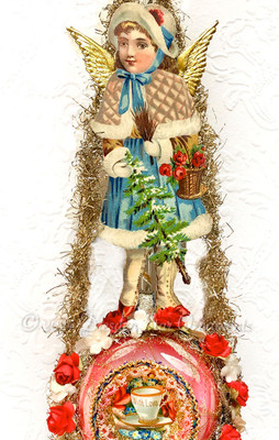 Red Rose-Themed Ornament with Blue and Pink Snow Angel on Large Pink Indent Ornament with Cozy Tea-Cup Center