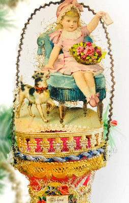 Gorgeous Die-cut Girl with Dog Sitting in Exquisite Parlor Chair on Glass Bell Basket