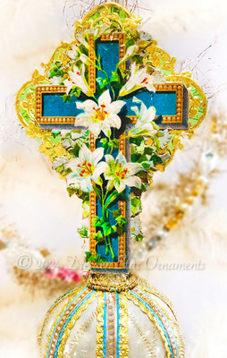 Cross with Easter Lilies on Antique Gilded Glass Cone Ornament