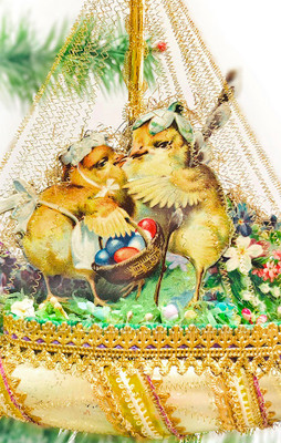 Adorable Easter Chick Couple on Richly Decorated Golden Boat 