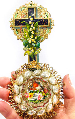 Easter Cross with Lily-of-the-Valley Flowers on Ornate Antique Silver Indent with Robins