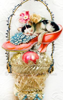 Dainty Silver Glass Basket Ornament with Kitten Sleeping in Victorian Pink Slipper