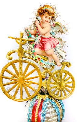 Girl Angel with Flower Garland Riding Dresden Paper Bicycle on Bumpy Glass Clip-On Ornament