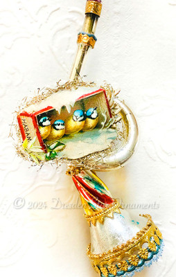 Wintry Song Birds in Cigar Box on Free-Blown Glass French Horn Ornament