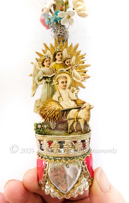 Trio of Angels and Jesus in Lamb Cart on Glass Tulip Ornament with Spring Flowers