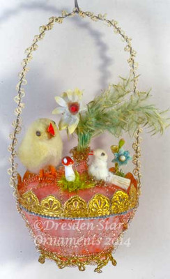 Antique Unsilvered Pink Basket with Antique Cotton Batting Chick, Dove, Mushroom and Flowers