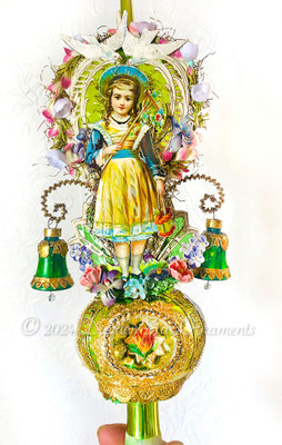 Custom Order for Brenda - Green Topper Diorama with Summer Girl, Garden Trellis, Silk flowers and Bells