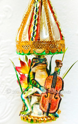 Reserved for Brenda - Frog With Lillies Playing Cello under Glass Umbrella