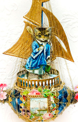 Reserved for Brenda - Kitty on Glorious Blue Boat Decorated with Flowers and Gold Sail