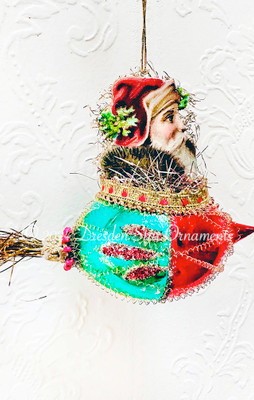 Rocketing Santa in Fur-lined Coat Riding Red and Green Mid-century indent