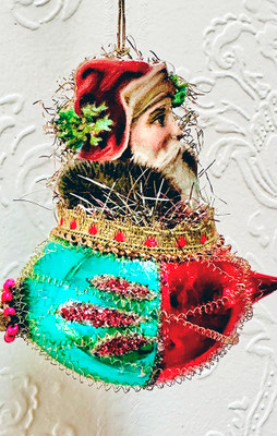 Rocketing Santa in Fur-lined Coat Riding Red and Green Mid-century indent