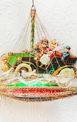 Joyriding Family in Green and Red 1900’s model-T on Fancy Mid-Century Icicle Ornament