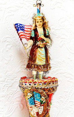 Girl in Velvet Dress with Flag in Deluxe Patriotic Bell Basket