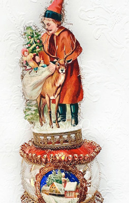 Santa Figure with Reindeer and Toys on Orange Sphere Ornament