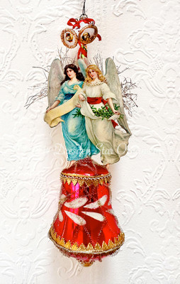 Festive Twin Angels with Miniature Bells On Figural Glass Bell