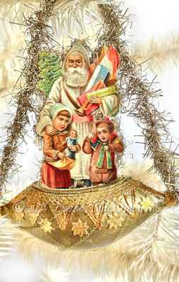 Santa with Children in Victorian Era Gilded Gold Glass Boat Ornament