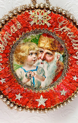 Two-Sided Nostalgic Santa and Child in Magical Christmas Wreath Rimmed in Silver Beads