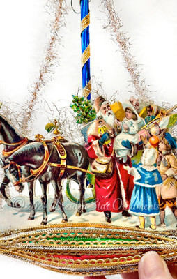 Fancy Christmas Boat Ornament with Horse-Drawn Sleigh, Santa, Children