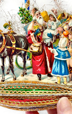 Fancy Christmas Boat Ornament with Horse-Drawn Sleigh, Santa, Children