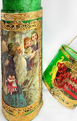 Gilded Gold and Green Green Cylinder Candy Container With Santa and Children Peeking in Window
