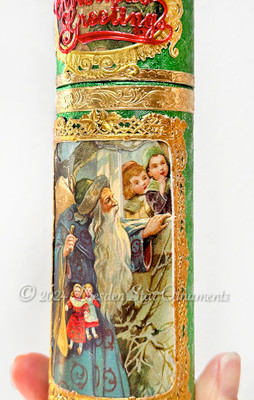 Gilded Gold and Green Green Cylinder Candy Container With Santa and Children Peeking in Window