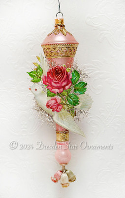 Rare Figural Satin-Pink Ornament with Dove, Roses and Tassels