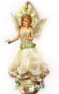 Reserved for Martha - Gorgeous Golden Angel Tree-Topper with Lace Skirt and Flowers
