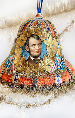 Lincoln on Gorgeous Red Chenille and Paper Mâché Bell and with Rare Patriotic Ribbon