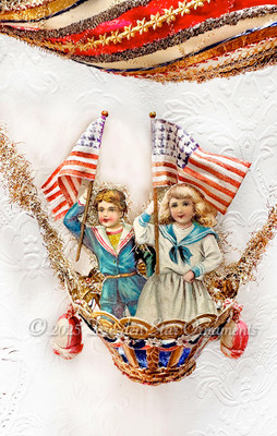 Boy and Girl on Glass Dirigible with the Rare Dresden Paper Glass Basket 