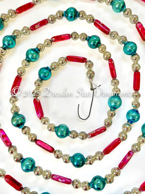 Vintage Patriotic Glass Bead Garland in Blue, Red, Silver – 6 ft length